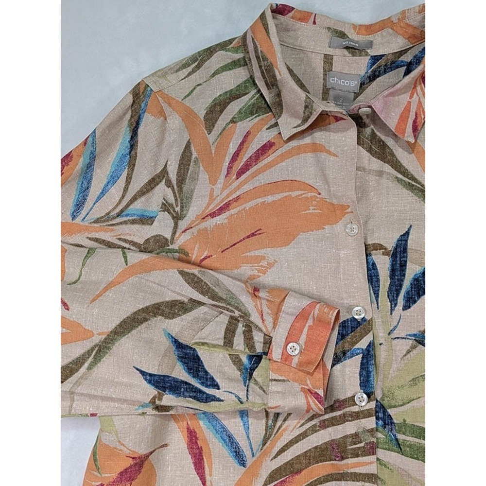 Chico's Linen Blouse Womens L 12 Botanical Tropical Resort Coastal Boho Vacation - Picture 3 of 11